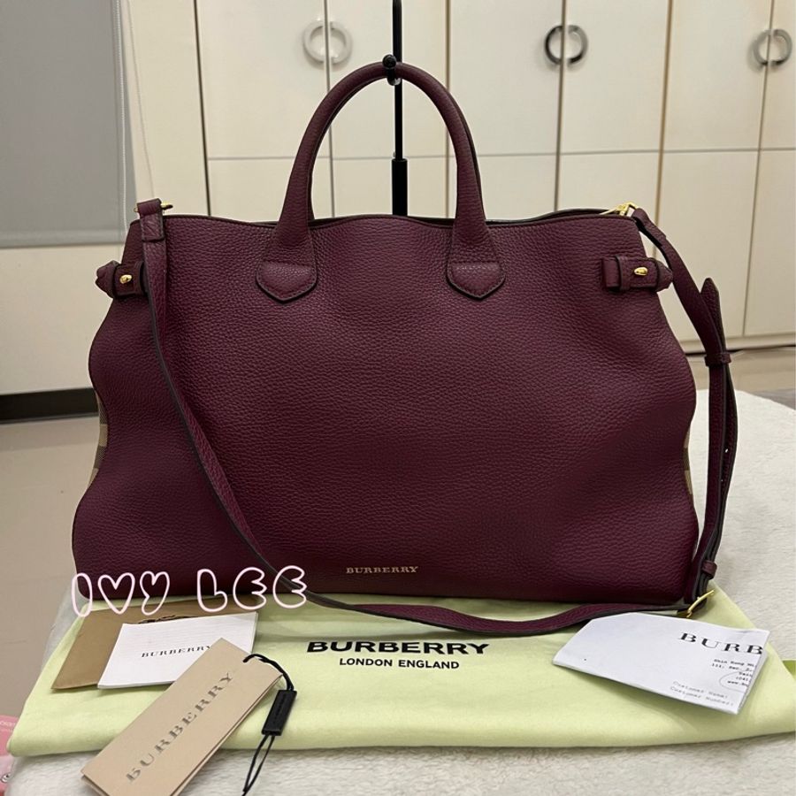 Burberry 紫色皮革和 House Check 帆布橫幅托特包 肩背包 斜背包 二手精品-0