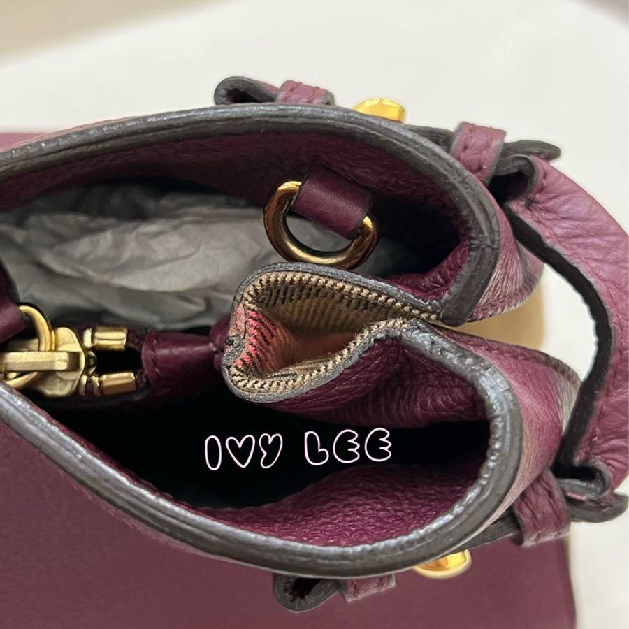 Burberry 紫色皮革和 House Check 帆布橫幅托特包 肩背包 斜背包 二手精品-5