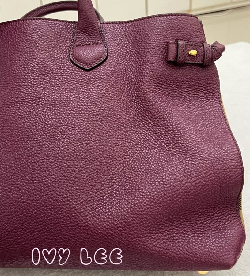 Burberry 紫色皮革和 House Check 帆布橫幅托特包 肩背包 斜背包 二手精品-32