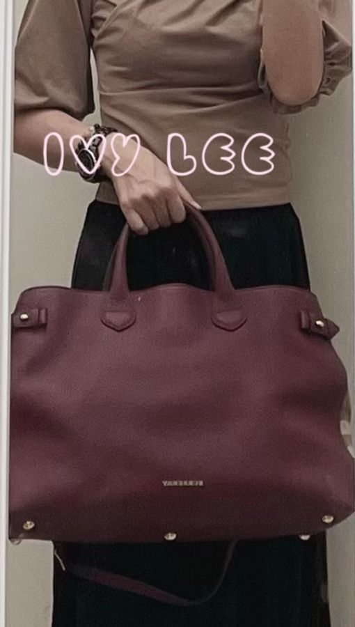 Burberry 紫色皮革和 House Check 帆布橫幅托特包 肩背包 斜背包 二手精品-35