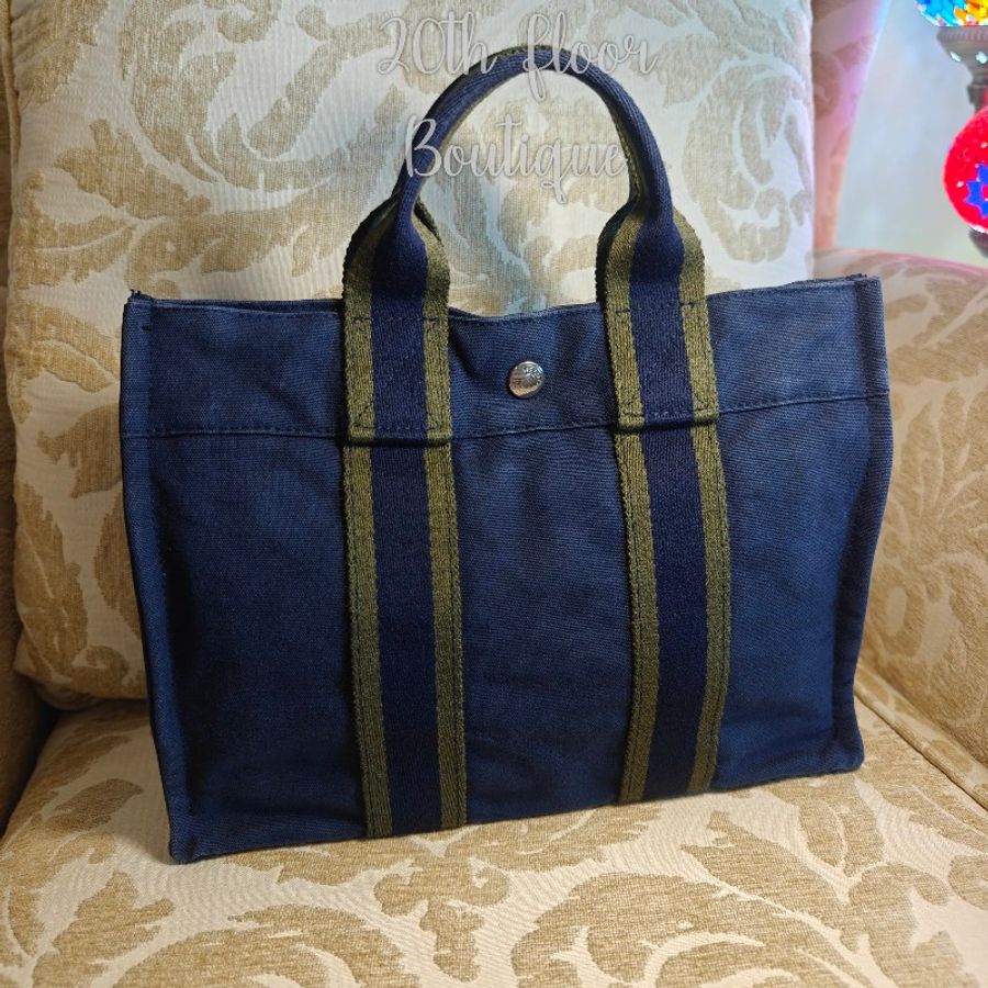 🌻雙11特價🌅 Hermès hermes fourre tout herline vintage bag 愛馬仕 深藍色 中古 帆布包 帆布袋 公事包 托特包 手袋-0