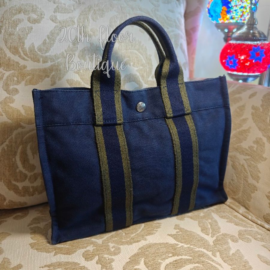 🌻雙11特價🌅 Hermès hermes fourre tout herline vintage bag 愛馬仕 深藍色 中古 帆布包 帆布袋 公事包 托特包 手袋-6