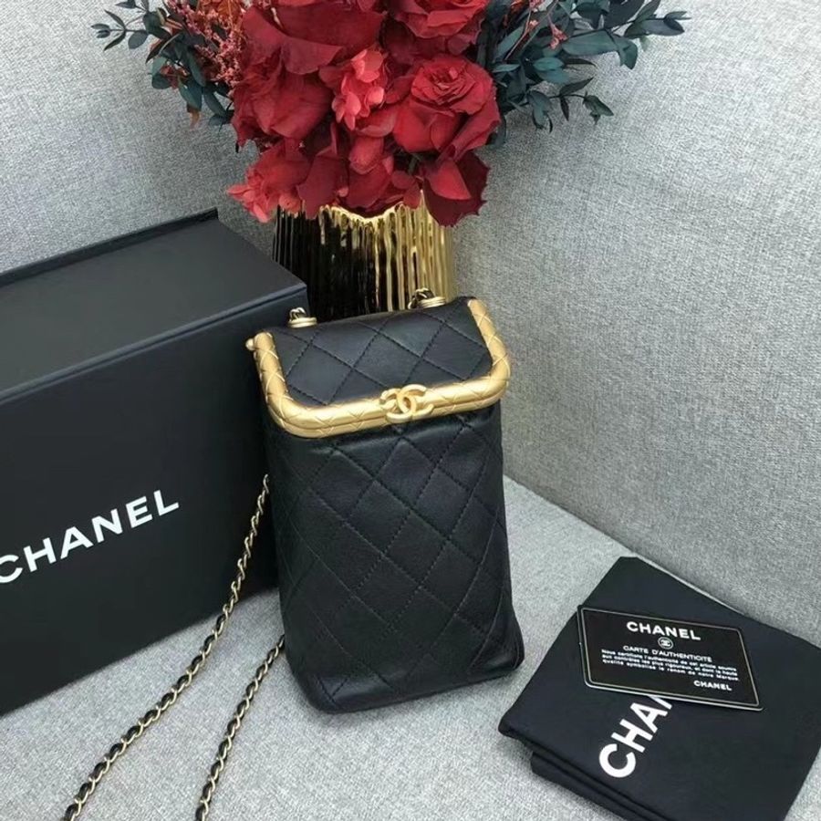 chanel 香奈兒 高級手作坊系列 黑金 kiss lock 直式垃圾桶垃圾袋手提/斜挎多用鏈條包-0