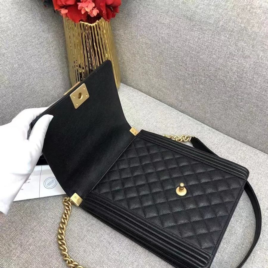 Chanel香奈兒Leboy豎版黑金荔枝皮復古金扣鏈條包,鐳射28開-5
