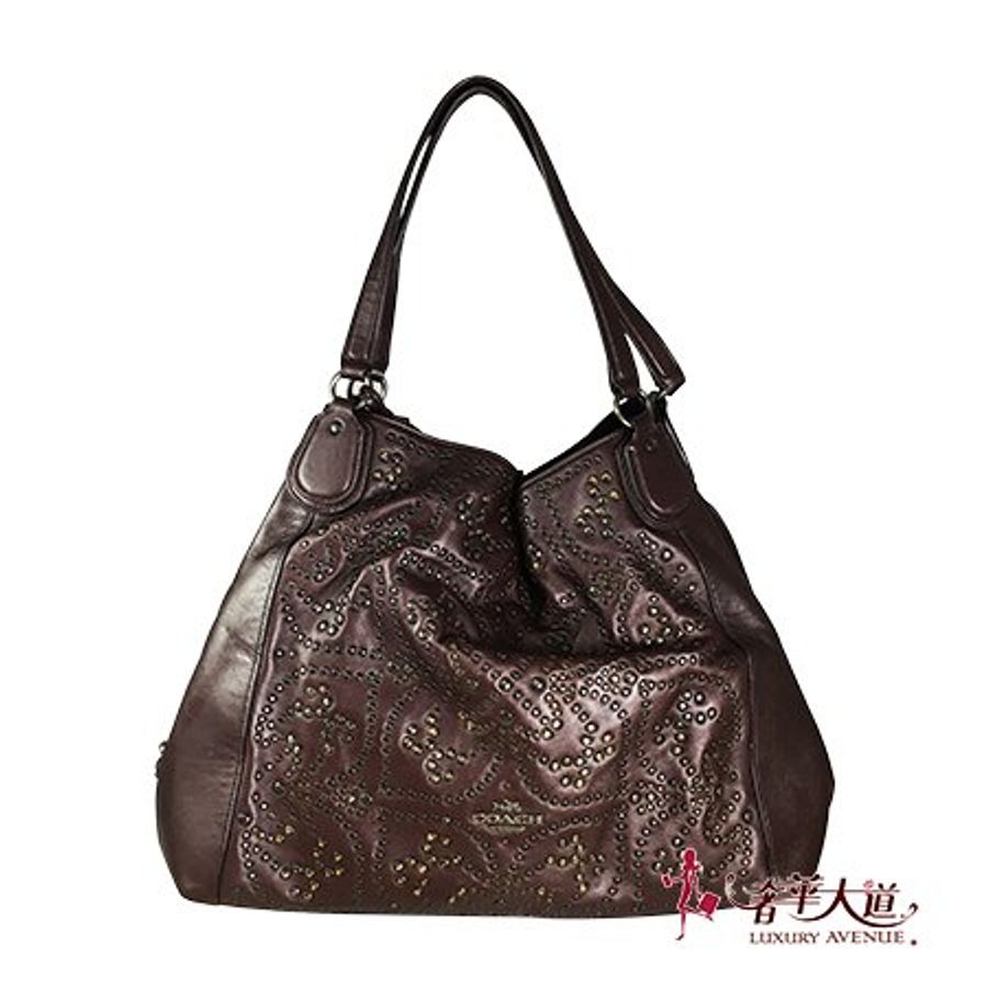 COACH 咖啡色全皮鉚釘三層肩背包33534-0