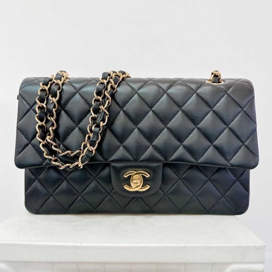 CHANEL黑羊皮菱格金鍊COCO 25cm-0