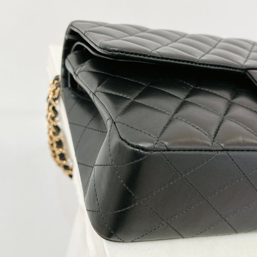 CHANEL黑羊皮菱格金鍊COCO 25cm-6