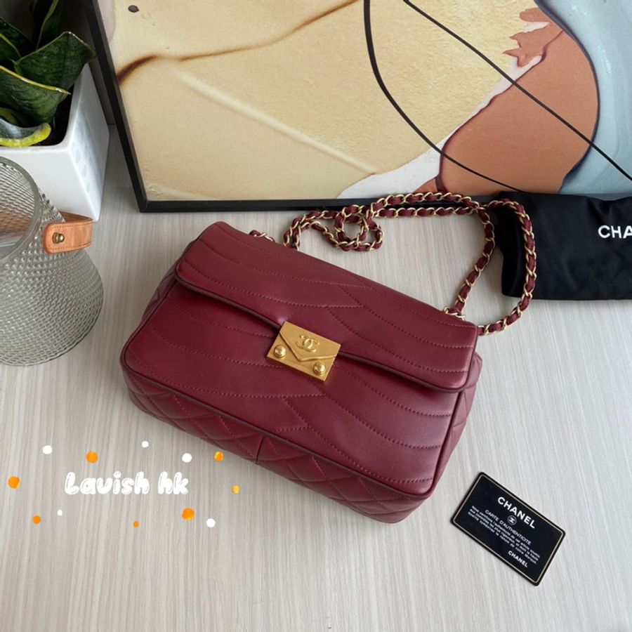 CHANEL cf季節款口蓋包酒紅色金扣-0
