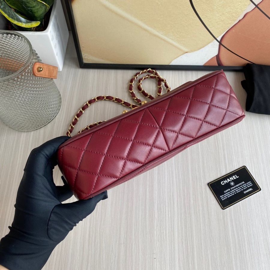 CHANEL cf季節款口蓋包酒紅色金扣-4