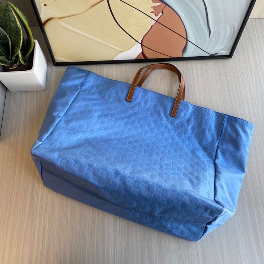 Gucci 雙g滿印尼龍拼皮托特包 藍色-2