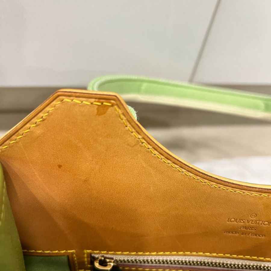 Louis Vuitton LV 綠色老花布拼漆皮手提包 中古包-12
