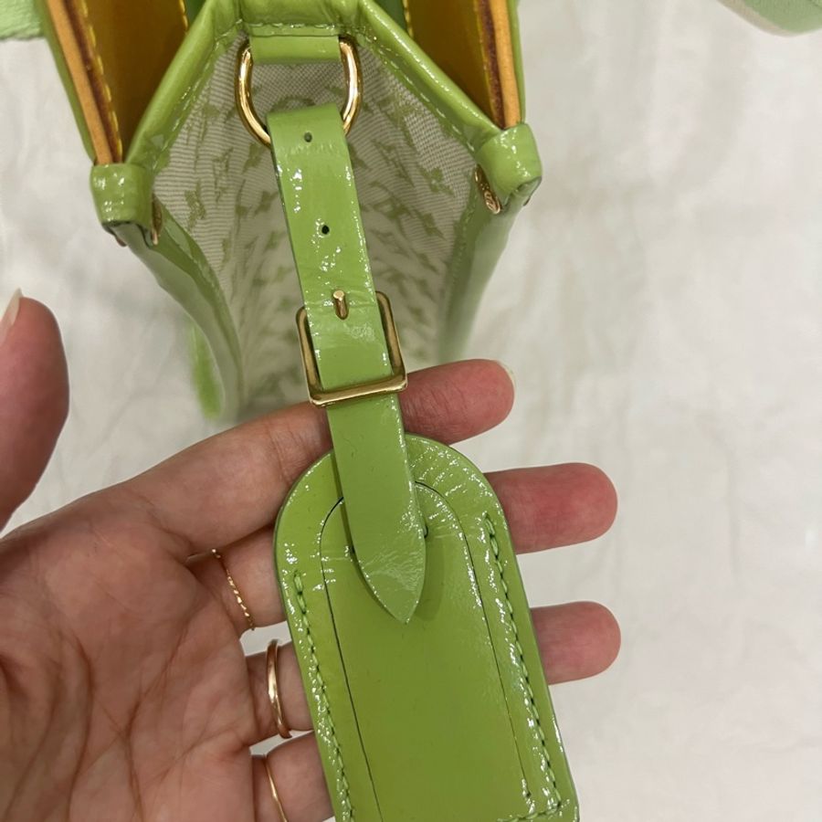 Louis Vuitton LV 綠色老花布拼漆皮手提包 中古包-19