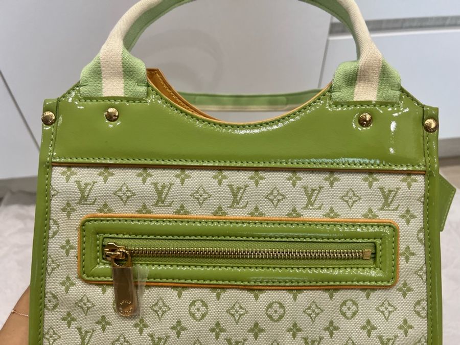 Louis Vuitton LV 綠色老花布拼漆皮手提包 中古包-5