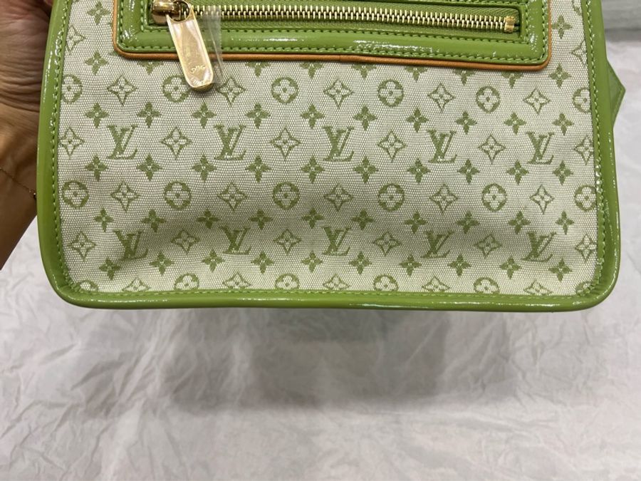Louis Vuitton LV 綠色老花布拼漆皮手提包 中古包-6