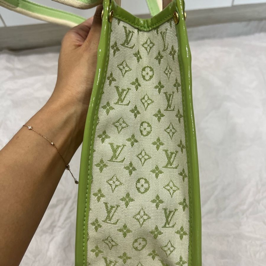 Louis Vuitton LV 綠色老花布拼漆皮手提包 中古包-7