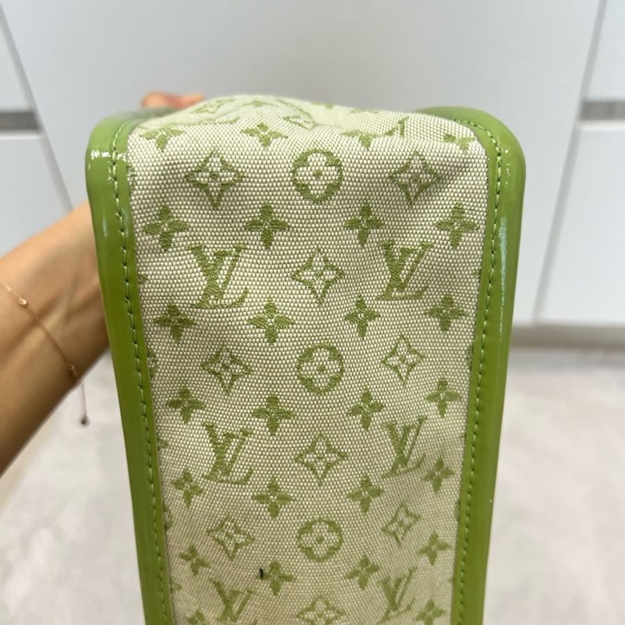 Louis Vuitton LV 綠色老花布拼漆皮手提包 中古包-8