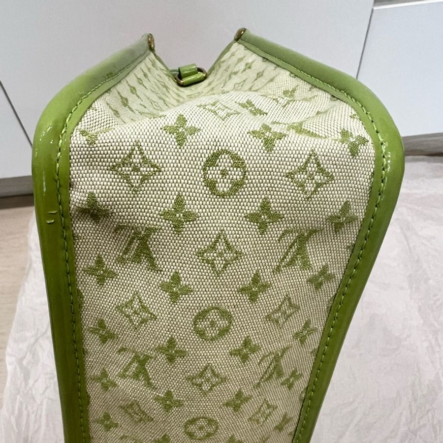 Louis Vuitton LV 綠色老花布拼漆皮手提包 中古包-10