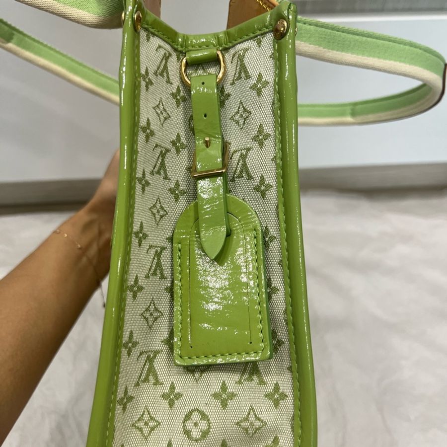 Louis Vuitton LV 綠色老花布拼漆皮手提包 中古包-11