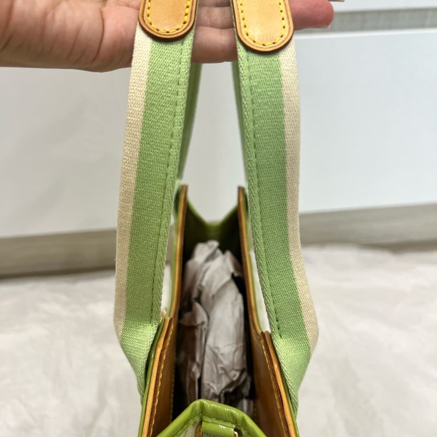Louis Vuitton LV 綠色老花布拼漆皮手提包 中古包-21