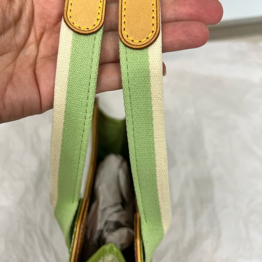 Louis Vuitton LV 綠色老花布拼漆皮手提包 中古包-23