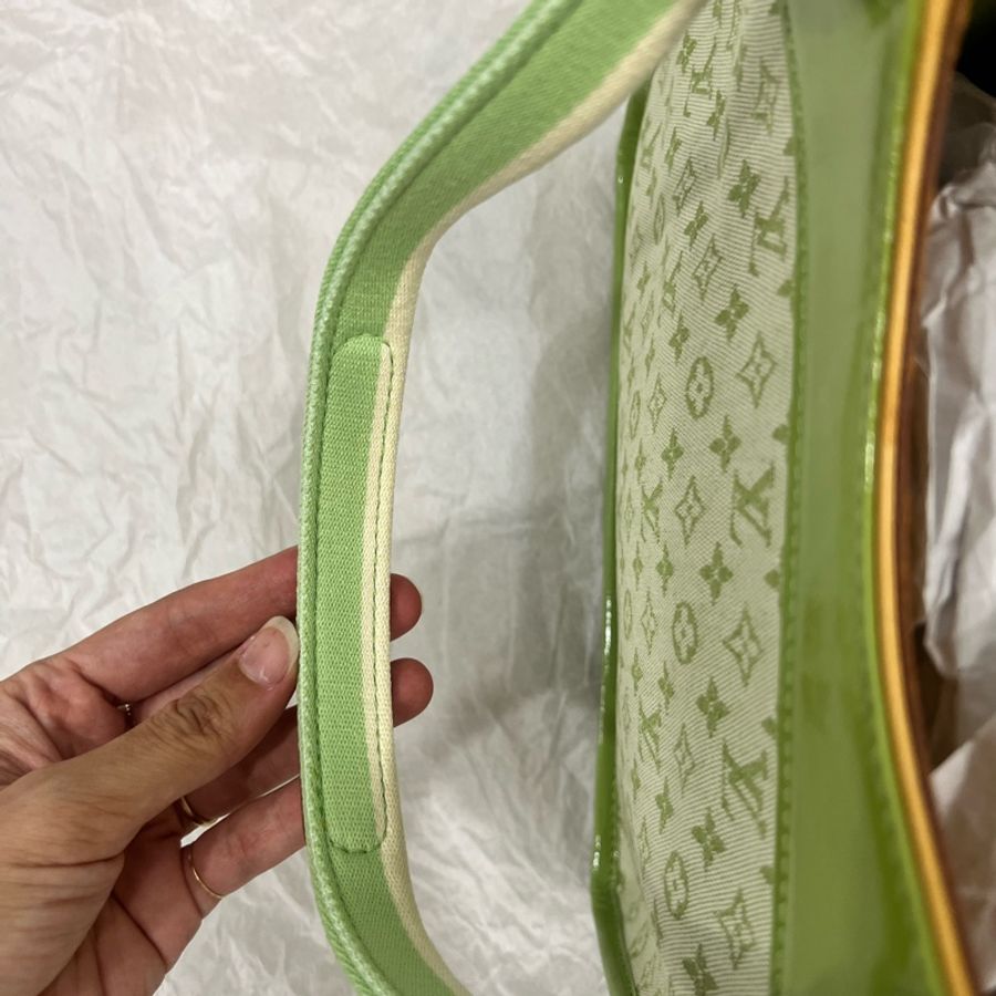 Louis Vuitton LV 綠色老花布拼漆皮手提包 中古包-24