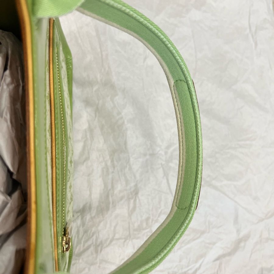 Louis Vuitton LV 綠色老花布拼漆皮手提包 中古包-25