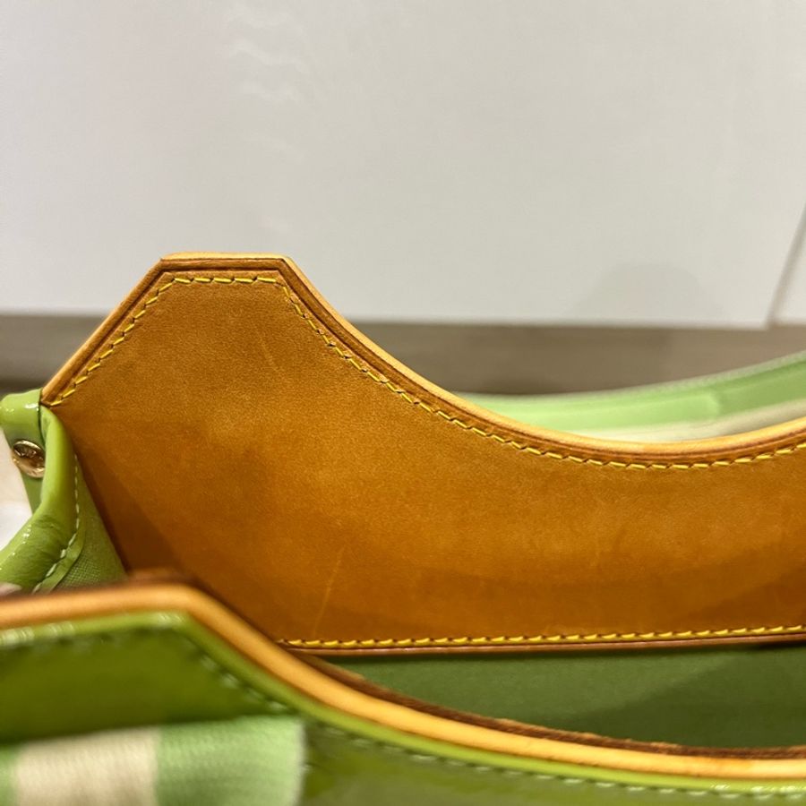 Louis Vuitton LV 綠色老花布拼漆皮手提包 中古包-29
