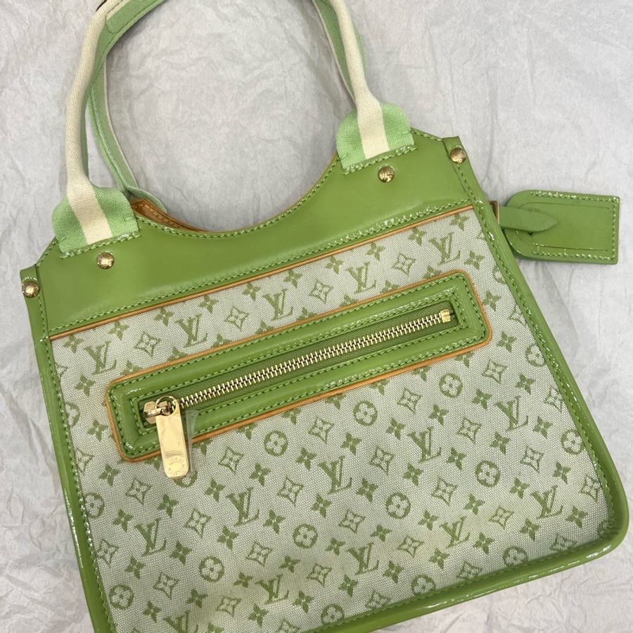 Louis Vuitton LV 綠色老花布拼漆皮手提包 中古包-0