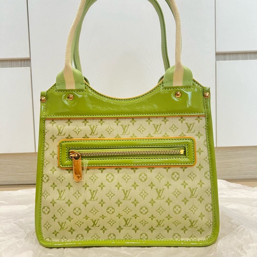 Louis Vuitton LV 綠色老花布拼漆皮手提包 中古包-1