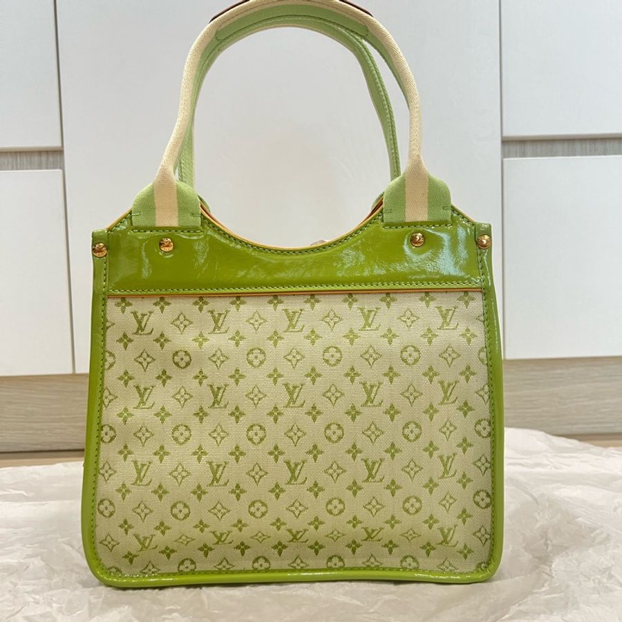 Louis Vuitton LV 綠色老花布拼漆皮手提包 中古包-2