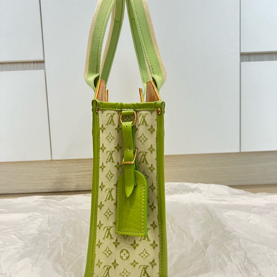 Louis Vuitton LV 綠色老花布拼漆皮手提包 中古包-3