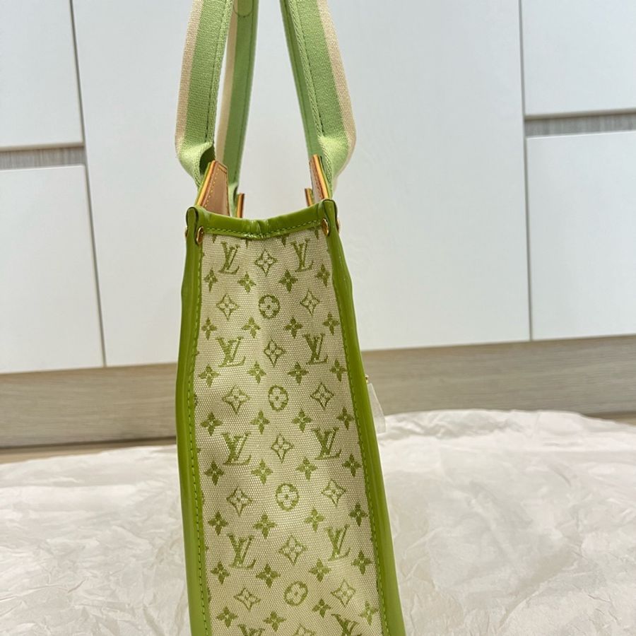 Louis Vuitton LV 綠色老花布拼漆皮手提包 中古包-4