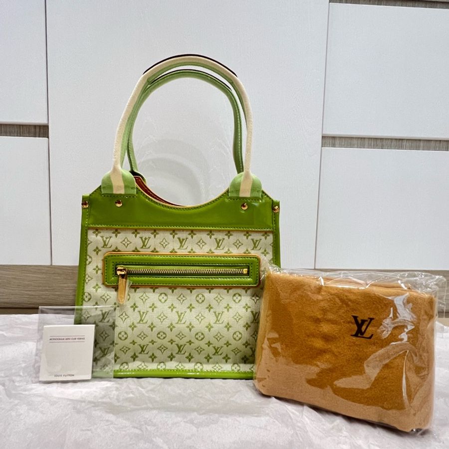 Louis Vuitton LV 綠色老花布拼漆皮手提包 中古包-26