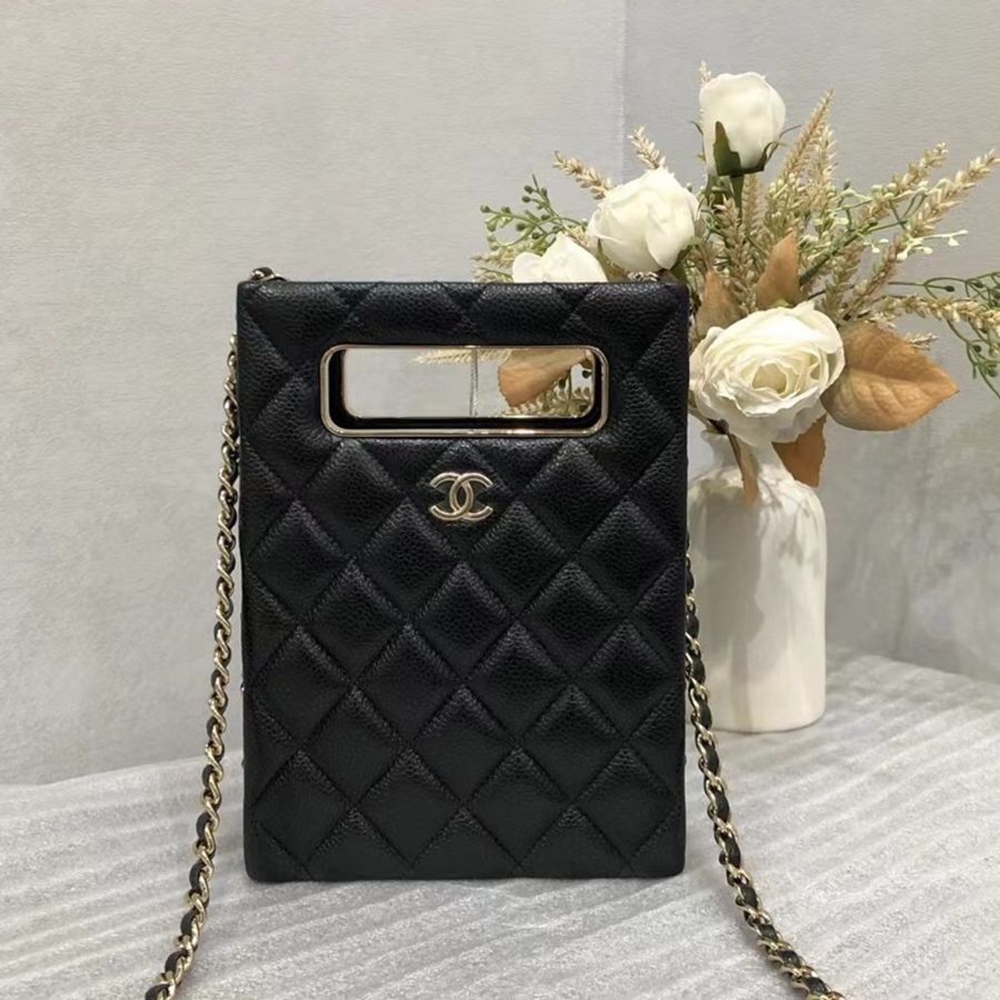 CHANEL香奈兒經典CC魚子醬雙C淡金菱格鏈條包晚宴包芯片款 單肩斜挎包-1