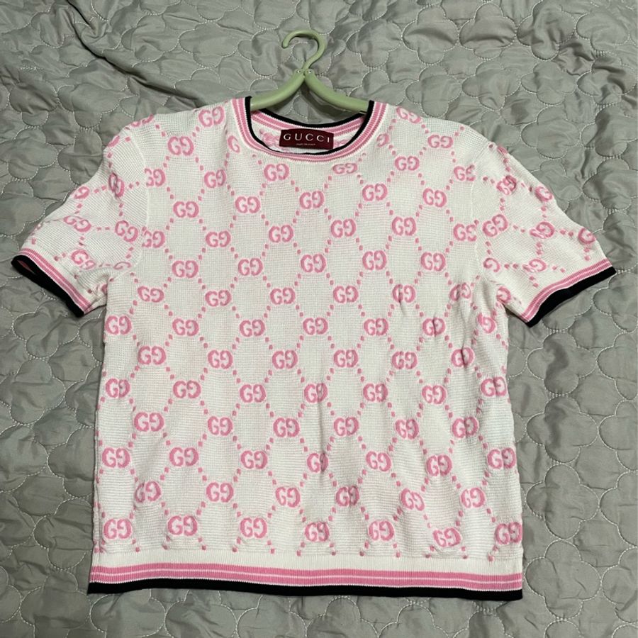 古馳GUCCI 白底粉色雙G logo 棉質針織上衣 XS-0