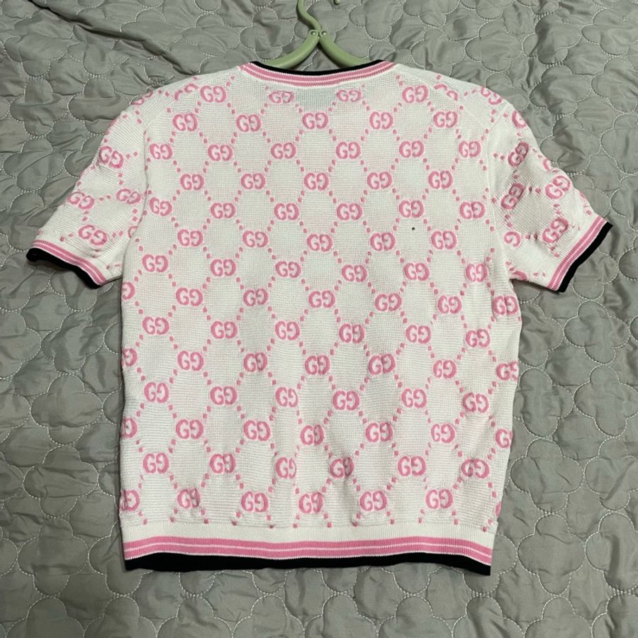 古馳GUCCI 白底粉色雙G logo 棉質針織上衣 XS-1
