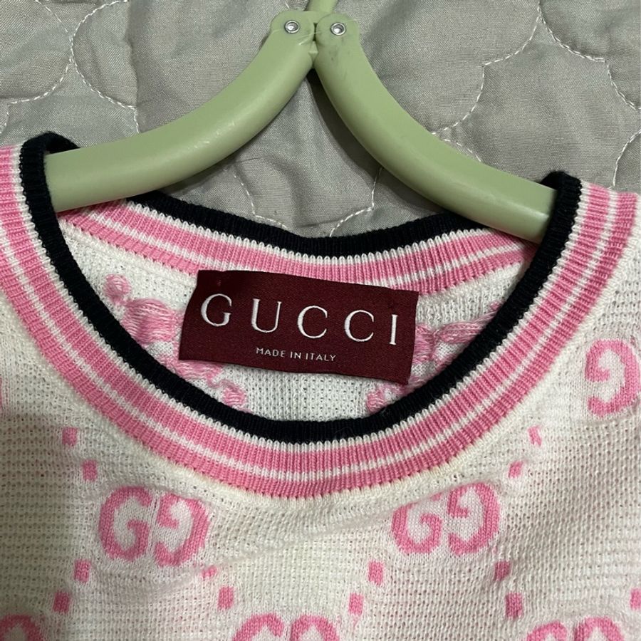 古馳GUCCI 白底粉色雙G logo 棉質針織上衣 XS-2