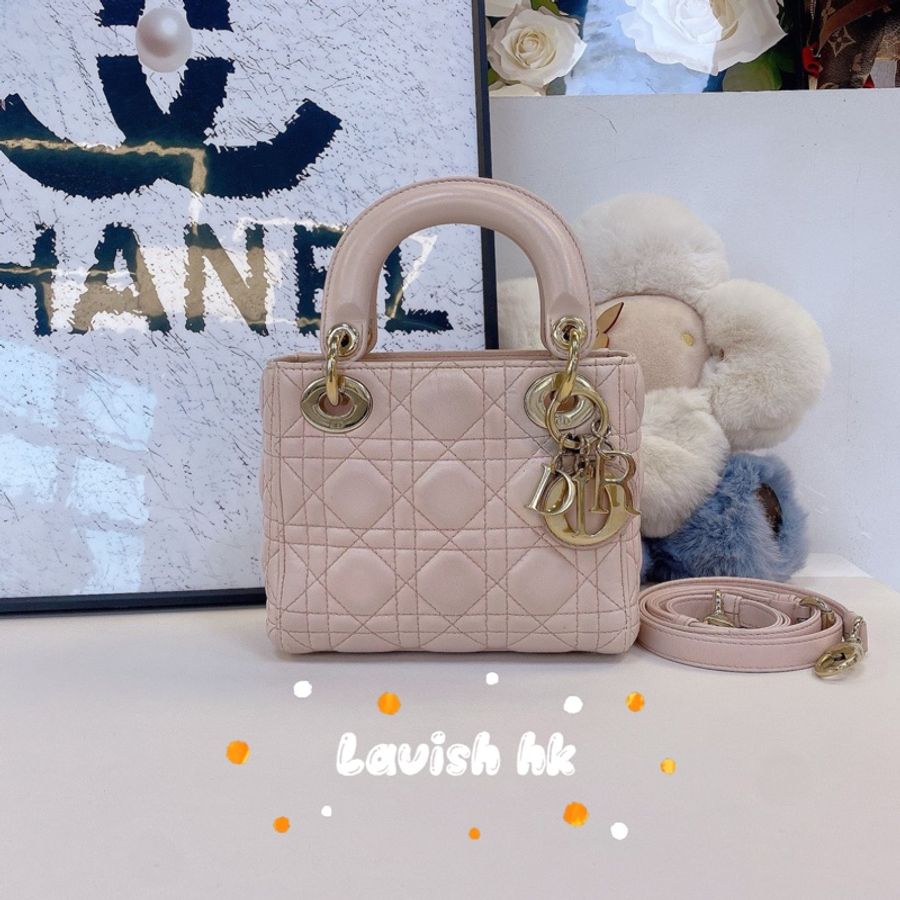 DIOR Lady mini 三格戴妃 羊皮 珠光粉-0