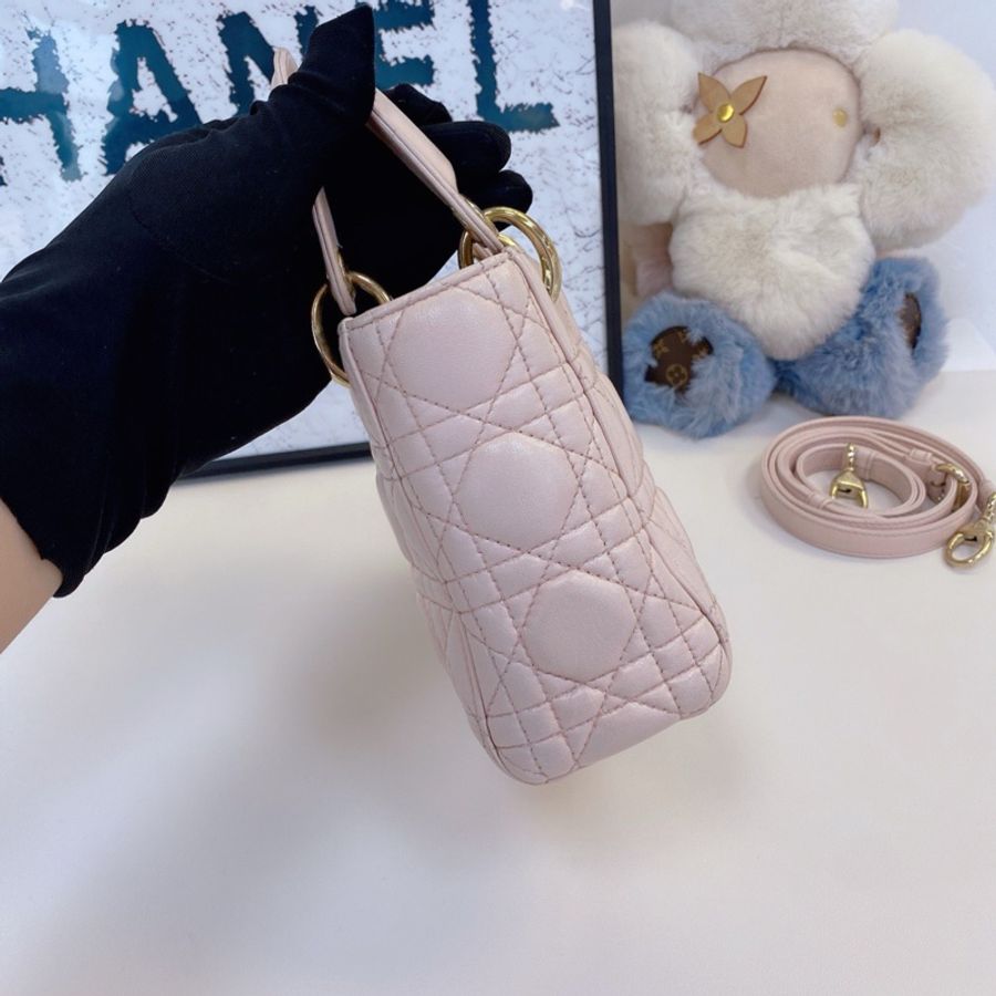 DIOR Lady mini 三格戴妃 羊皮 珠光粉-2