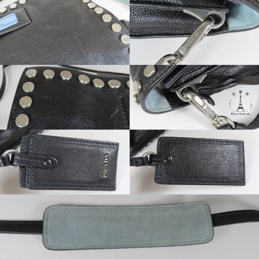 【巴黎站二手名牌專賣店】*現貨*PRADA 真品*黑色牛皮Etiquette Small鉚釘吊牌斜背包-8