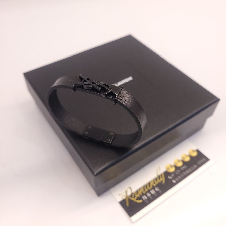 Saint Laurent ysl logo plaque 皮革手環 全黑-2