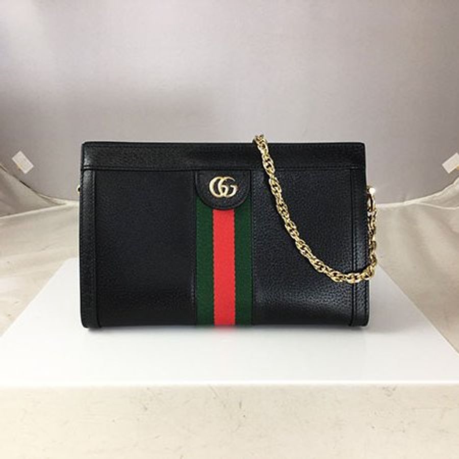 GUCCI 黑色全皮綠紅綠小款金鍊斜背/手拿包 503877-1