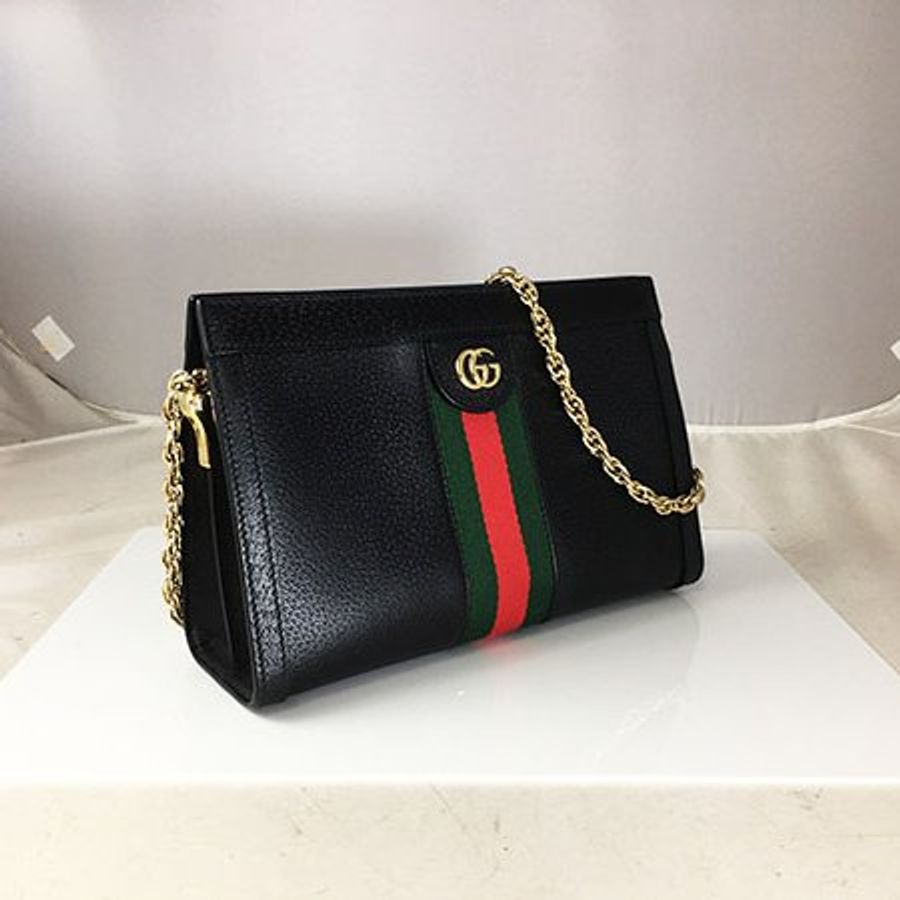 GUCCI 黑色全皮綠紅綠小款金鍊斜背/手拿包 503877-2