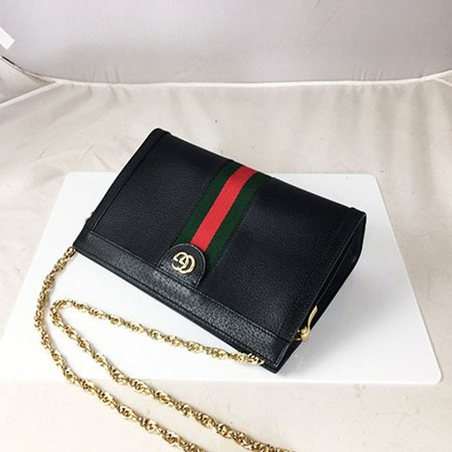 GUCCI 黑色全皮綠紅綠小款金鍊斜背/手拿包 503877-3