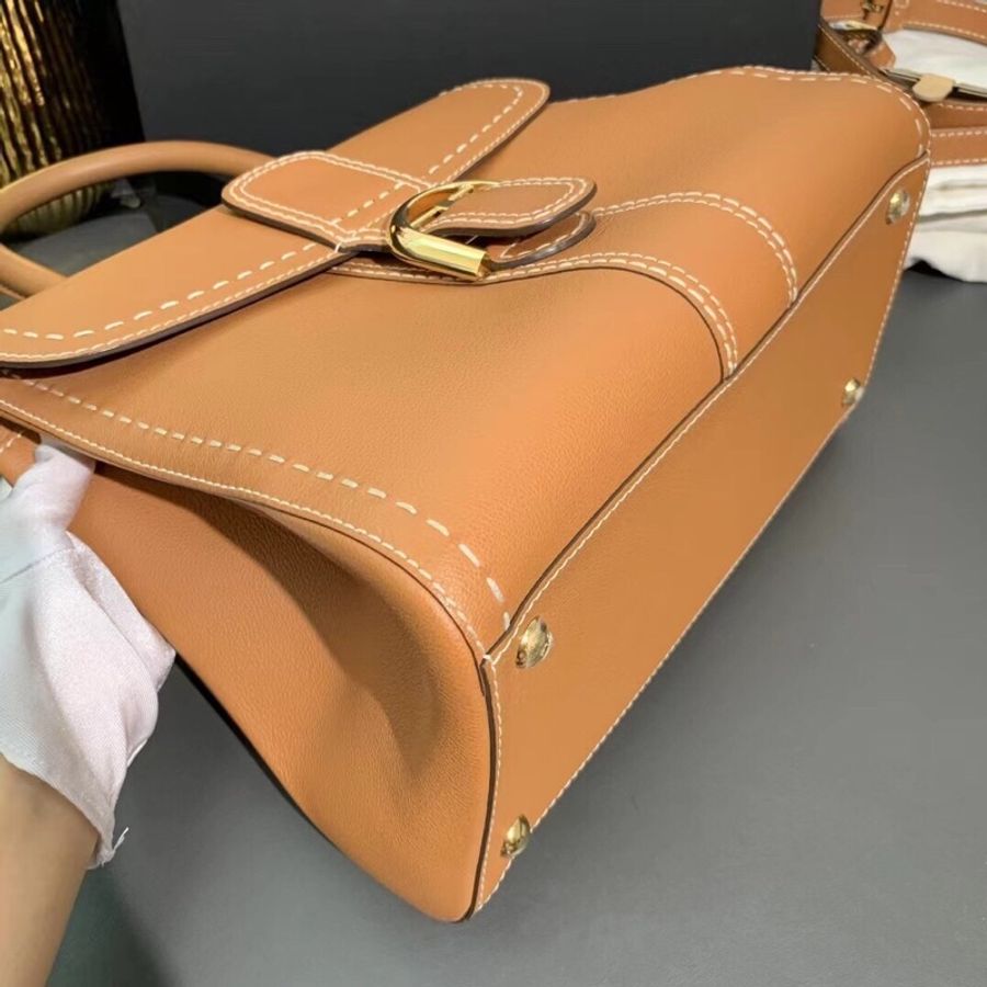 Delvaux 德爾沃brilliant 中號 金棕色外縫走白線 單肩手提包-5