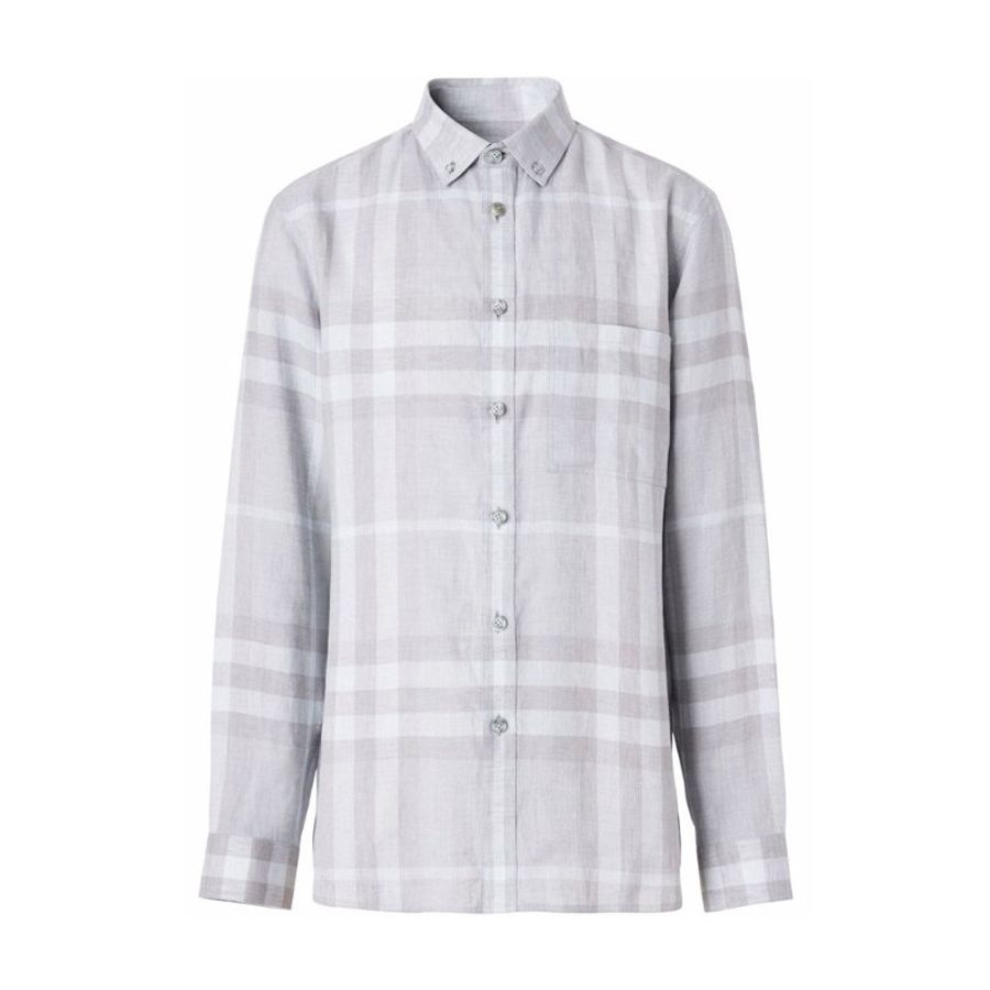 * Burberry Button-Down Collar Check Shirt Grey Taupe - 8050998-Grey_Taupe-L-0