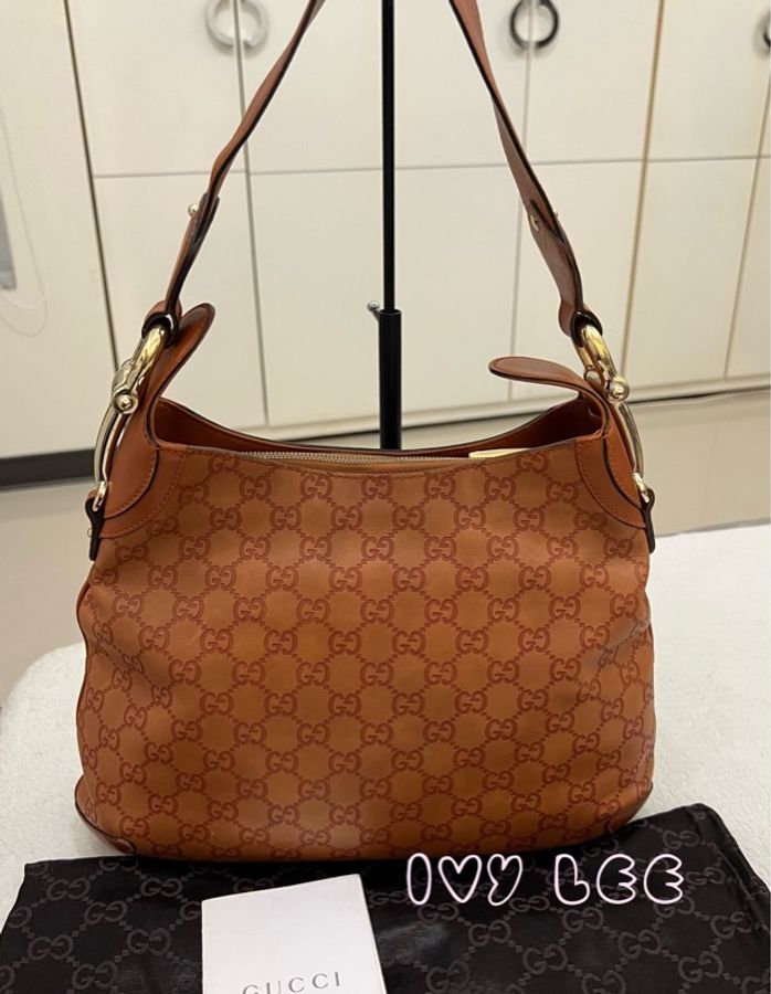GUCCI 145826 GG 馬銜扣手提包 肩背包 GG 帆布/皮革 橘棕色 二手精品-0