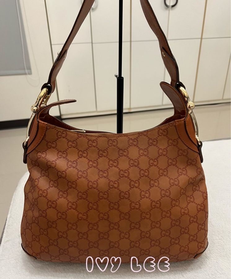 GUCCI 145826 GG 馬銜扣手提包 肩背包 GG 帆布/皮革 橘棕色 二手精品-1