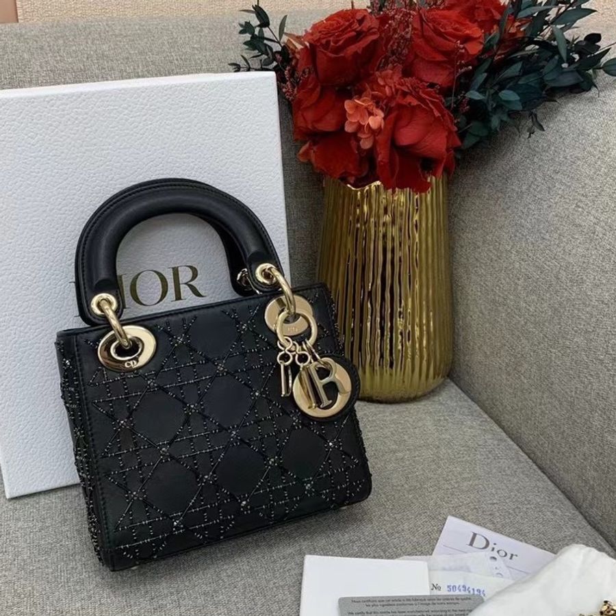 Dior 迪奧 三格釘珠黑色刺繡戴妃包金扣鏈條包 2019年購入-0
