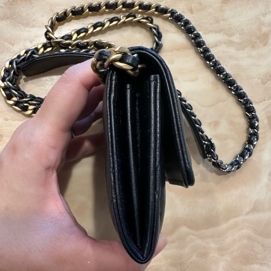 香奈兒 Chanel 19 小廢包 鏈條 斜背 黑色 羊皮 零錢包 鏈帶皮夾 鍊子皮包-8